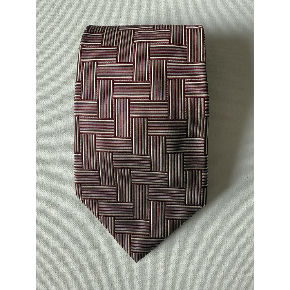 Polo Ralph Lauren Men's Box Stripe Tie‎ Maroon/Ivory/Black 4" Wide